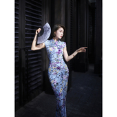 XULU原创水晶麻印花压胶新中式 连衣裙 旗袍气质优雅褶皱显瘦无袖