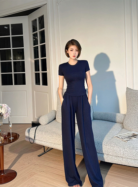 XULU原创夏季蓝色休闲粗针竹节罗纹圆领短上衣高腰阔腿裤两件套装