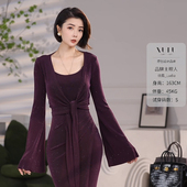 XULU原创夏季 醋酸烫金开衫 外套气质褶皱收腰显瘦包臀吊带连衣裙