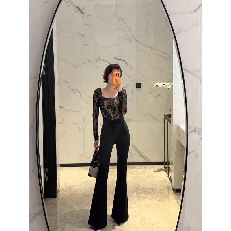 XULU原创秋冬休闲黑色百搭罗马纹微喇裤通勤气质修身显腿长女长裤