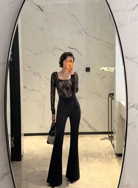 XULU原创秋冬休闲黑色百搭罗马纹微喇裤通勤气质修身显腿长女长裤