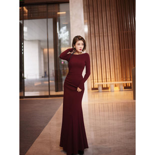 XULU原创慕斯绒高弹褶皱连衣裙复古气质别致纯色修身 显瘦鱼尾裙