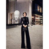 XULU原创秋冬新款 连体裤 丝绒拼接亮片修身 直角肩气质半高领长袖