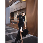 XULU原创复古气质醋酸优雅改良水滴领旗袍中长袖 开叉鱼尾连衣裙