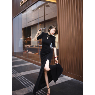 XULU原创复古气质醋酸优雅改良水滴领旗袍中长袖 开叉鱼尾连衣裙