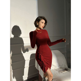 XULU原创拜尔羊绒别致优雅气质修身 连衣裙 气质半高领木耳边长袖