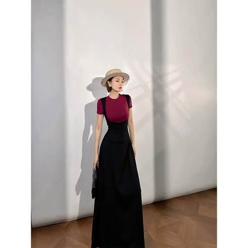 XULU原创法式黑色冰爽棉背心裙气质收腰弹力长款吊带A字连衣裙