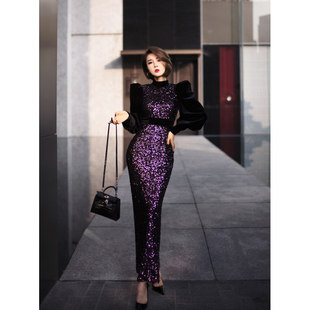 XULU原创法式 连衣裙 亮片丝绒高腰包臀鱼尾裙气质知性高领泡泡袖