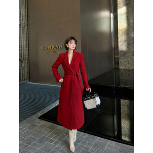 XULU原创秋冬100%羊毛高级红色正肩驳领长款 系带大衣 外套气质修身