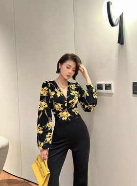 XULU原创水晶麻金彩兰花V领裹身长袖花卉上衣褶皱收腰显瘦连体衣