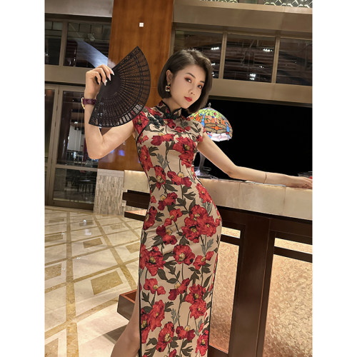 显身材高腰小盖袖斜襟小立领旗袍