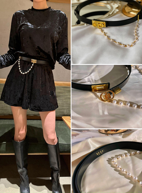 XULU原创金色扣时尚腰带头层牛皮百搭皮带14颗珍珠装饰链