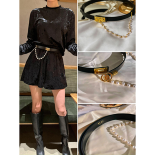 XULU原创金色扣时尚 饰链 腰带头层牛皮百搭皮带14颗珍珠装