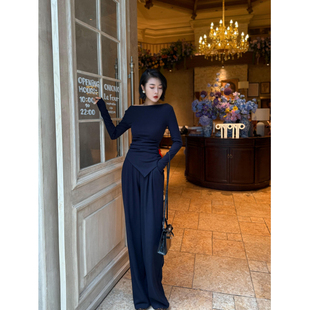 XULU原创塔夫新棉罗纹一字肩不规则上衣垂感显瘦高腰阔腿裤两件套