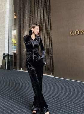 XULU原创初秋钻石绒轻奢黑色长裤气质下摆圆弧修身上衣时尚套装