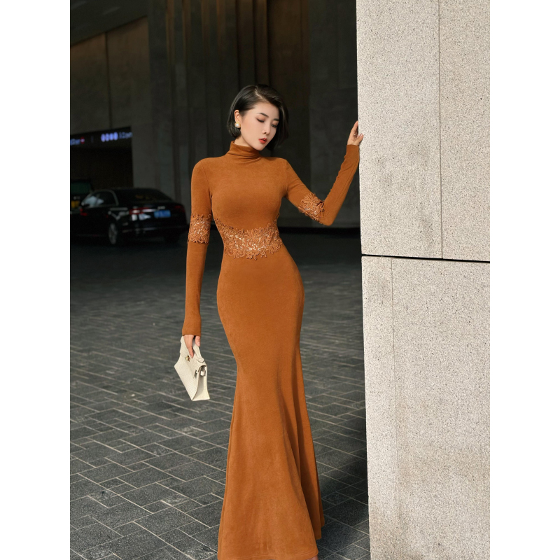 XULU原创意大利绒优雅复古显瘦气质镂空半高领长袖包臀鱼尾连衣裙