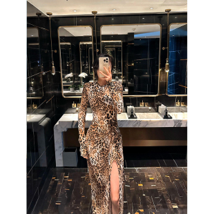 XULU原创进口磨毛针织豹纹印花修身 连衣裙 弹力包臀裙气质开叉长袖