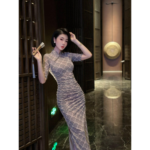 XULU原创夏季氨纶网烫金印花旗袍领高弹修身温婉优雅半袖连衣裙