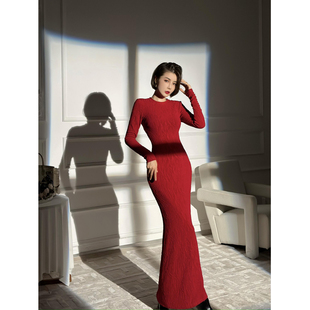 XULU原创进口醋酸提花针织斜纹优雅修身 高腰连衣裙 百搭圆领长袖