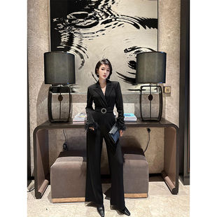 优雅高腰修身 时尚 鸵鸟毛装 饰长袖 XULU原创秋季 连体裤 气质醋酸修身