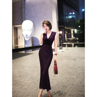 XULU原创丝绒烧花复古优雅性感深V领无袖 显瘦高腰鱼尾豹纹连衣裙