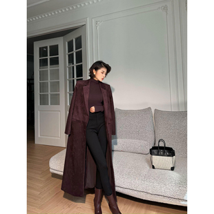 XULU原创欧洲进口牛皮绒长外套复古莓红百搭高阶长款 枪驳领大衣
