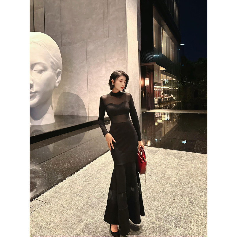 XULU原创秋季罗马布赫本风修身性感包臀鱼尾裙透肤网纱高领连衣裙,女装/女士精品,连衣裙,淘宝优惠券,粉丝福利购,淘宝优惠卷