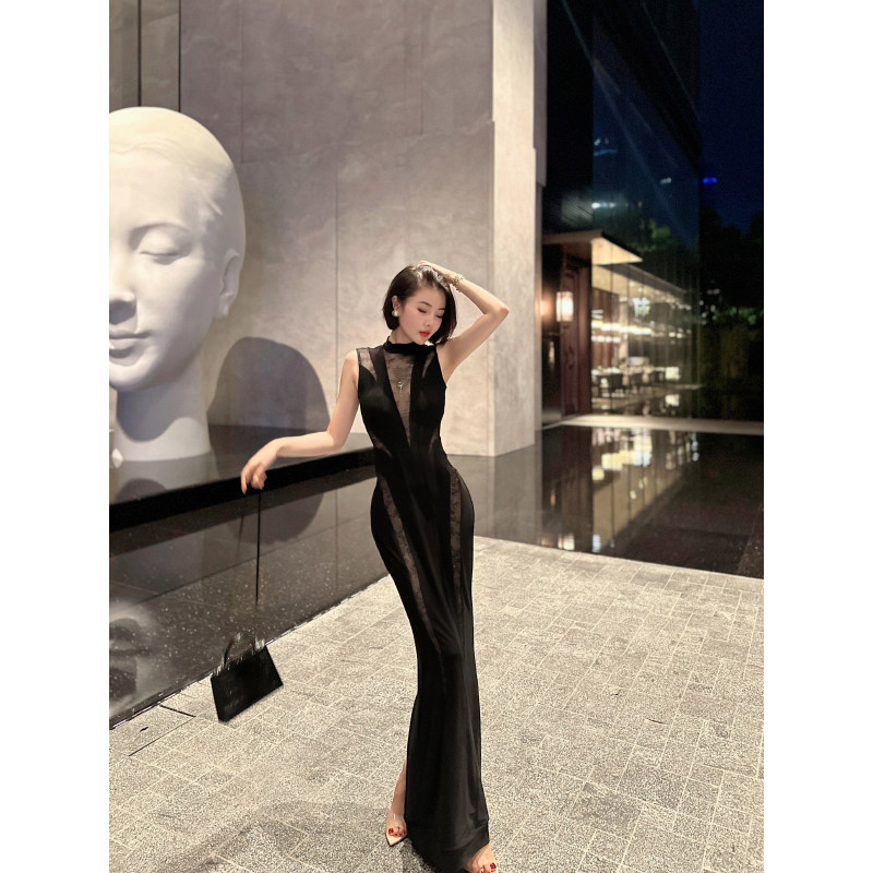 XULU原创夏季水晶麻黑色蕾丝设计感修身透视优雅长款无袖连衣裙