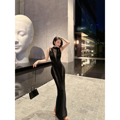 XULU原创夏季水晶麻黑色蕾丝设计感修身透视优雅长款无袖连衣裙