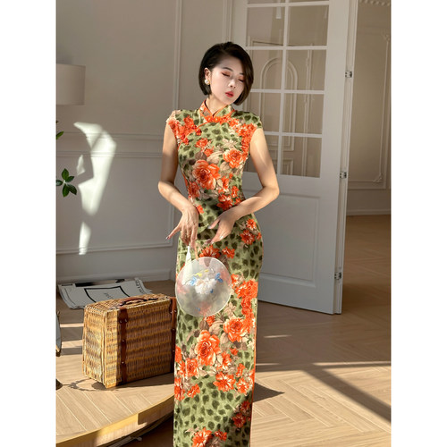 XULU原创春夏玫瑰花丛印花复古连衣裙气质修身盖袖斜襟立领旗袍