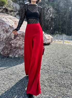 XULU原创秋季新款垂坠毛呢感醋酸正红色阔腿裤大气摩登高腰直筒裤