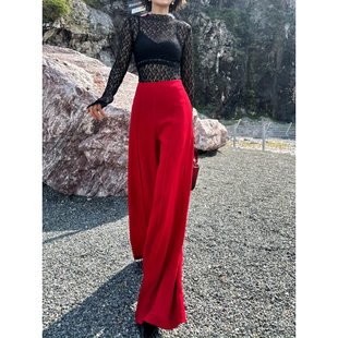 大气摩登高腰直筒裤 垂坠毛呢感醋酸正红色阔腿裤 新款 XULU原创秋季