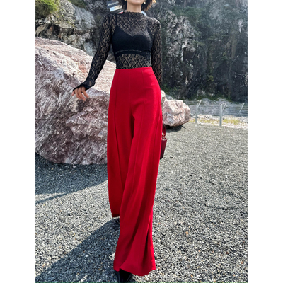 XULU原创秋季新款垂坠毛呢感醋酸正红色阔腿裤大气摩登高腰直筒裤
