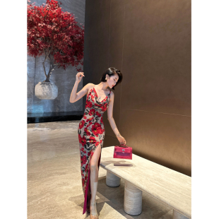 XULU原创夏季 水晶麻纱印花性感气质开衩高腰荡领吊带露背连衣裙