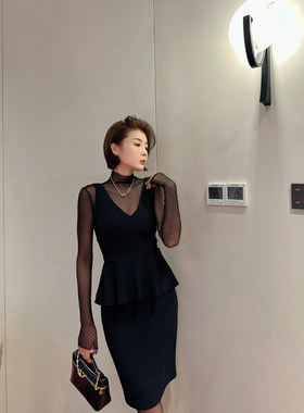 XULU原创黑色透视网纱内搭上衣针织荷叶边背心上衣半身裙两件套装