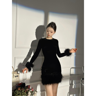 XULU原创秋冬黑色丝绒百搭包臀裙修身 鸵鸟毛下摆连衣裙 圆领长袖