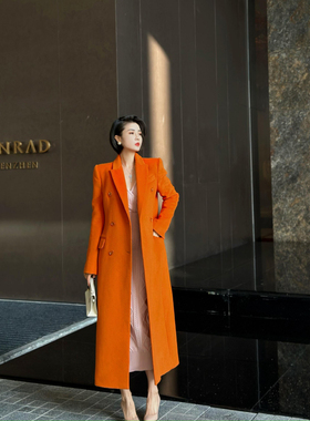 XULU原创100%羊毛双排扣橙色长款外套复古百搭高阶长款枪驳领大衣