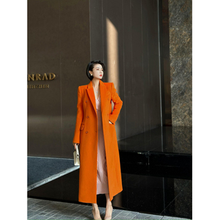 XULU原创100%羊毛双排扣橙色长款 枪驳领大衣 外套复古百搭高阶长款