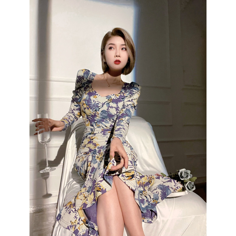 XULU原创轻奢立体剪花印花鱼尾裙优雅气质修身桃心领连衣裙