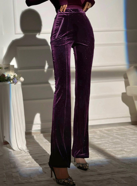 XLU原创秋冬气质时尚紫色丝绒长裤修身显瘦显腿长百搭喇叭裤