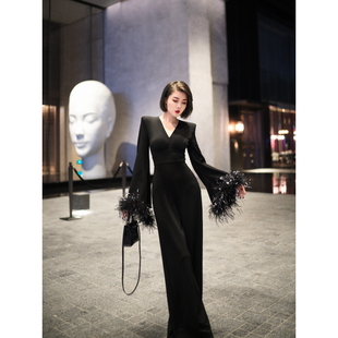 高腰连体裤 XULU原创醋酸复古时尚 高阶优雅V领气质名媛感喇叭袖