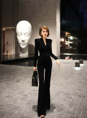 XULU原创秋季轻奢进口丝绒黑色拼接气质时尚修身直角肩V领连体裤