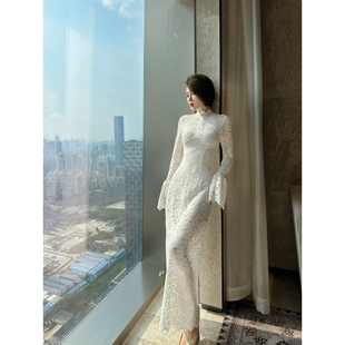 性感镂空连衣裙 礼服裙轻奢长款 XULU原创初秋蕾丝法式 优雅修身