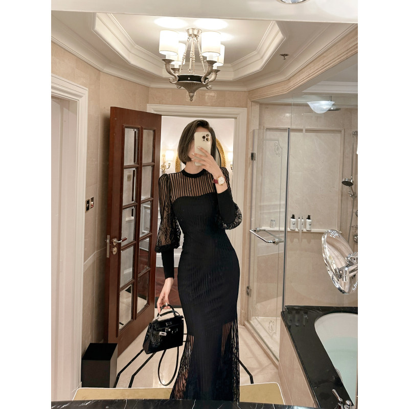 XULU原创进口压褶蕾丝拼接水晶麻纱气质修身灯笼袖圆领鱼尾连衣裙