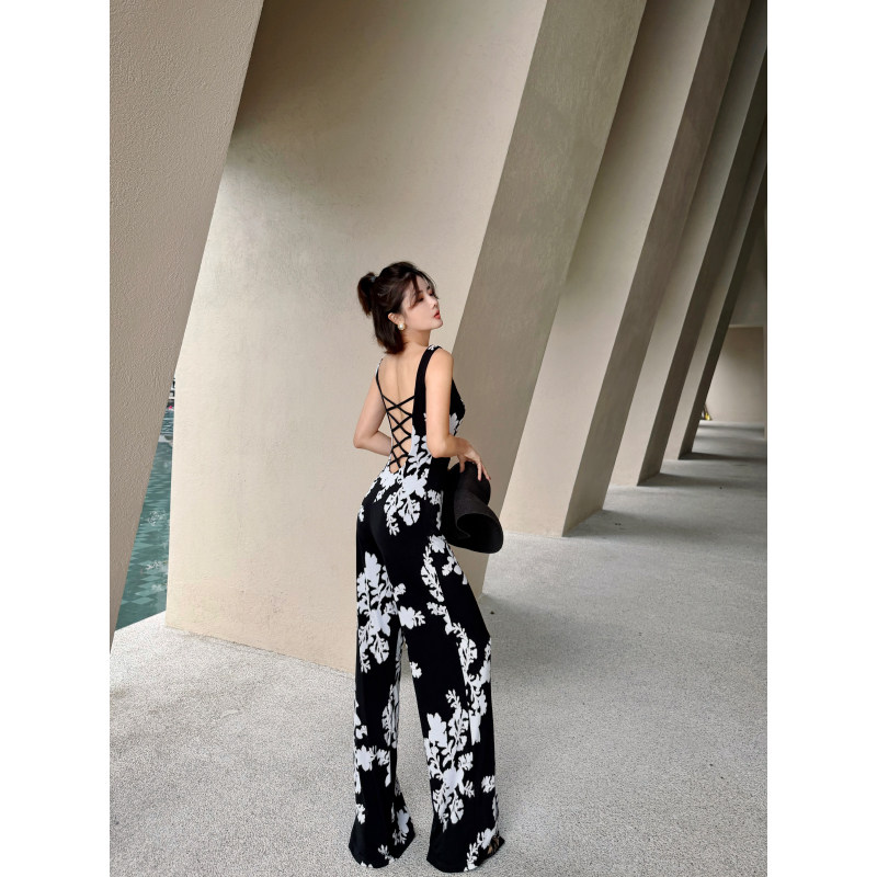 XULU原创水晶麻印花优雅赫本风百搭性感气质修身露背无袖连体裤