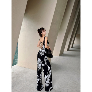 连体裤 XULU原创水晶麻印花优雅赫本风百搭性感气质修身 露背无袖