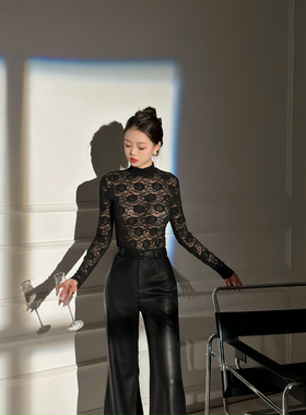 XULU原创黑色蕾丝镂空花朵修身打底衫上衣气质性感高领长袖连体衣