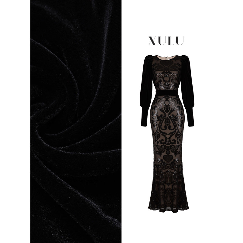 XULU原创黑色丝绒网纱气质灯笼袖包臀鱼尾裙亮片镂空修身连衣裙,女装/女士精品,连衣裙,淘宝优惠券,粉丝福利购,淘宝优惠卷