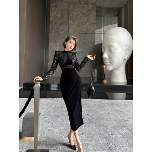 XULU原创秋冬新款 连衣裙 丝绒拼接亮片直角肩包臀裙气质半高领长袖