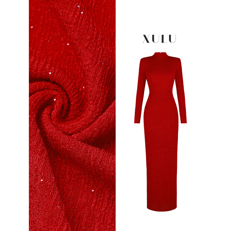 XULU原创秋冬轻奢红色醋酸性感包臀裙气质知性半高领长袖连衣裙